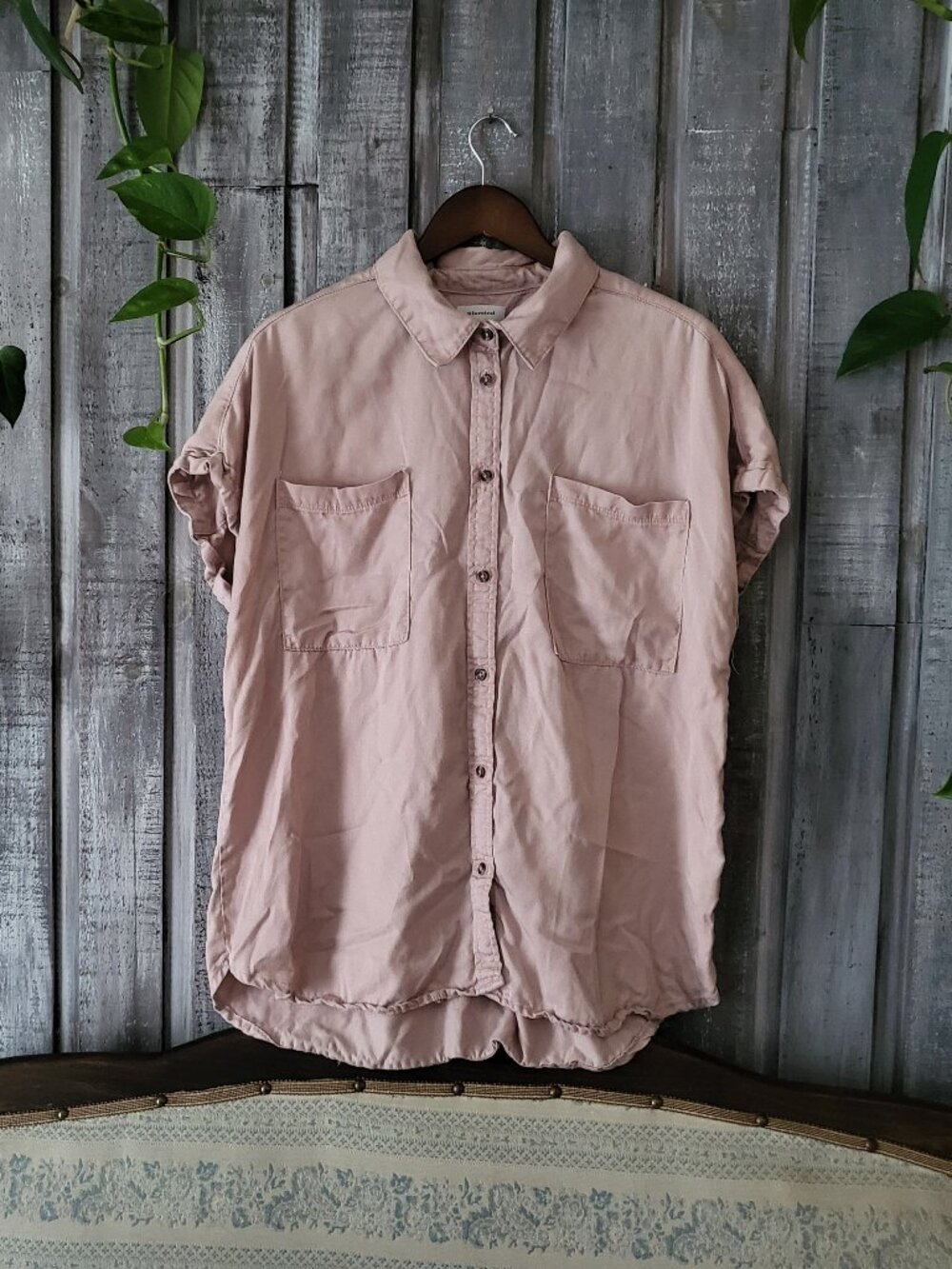 Dusty Pink 100% Lyocell Short Sleeve Button Down Shirt Blouse Oversized Fit